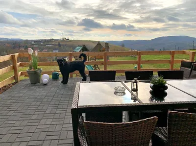 Terrasse mit schöner Aussicht auf die Berge.
