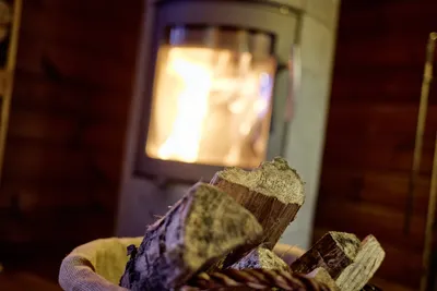 Nahaufnahme des Kaminofens mit Brennholz im Vordergrund.